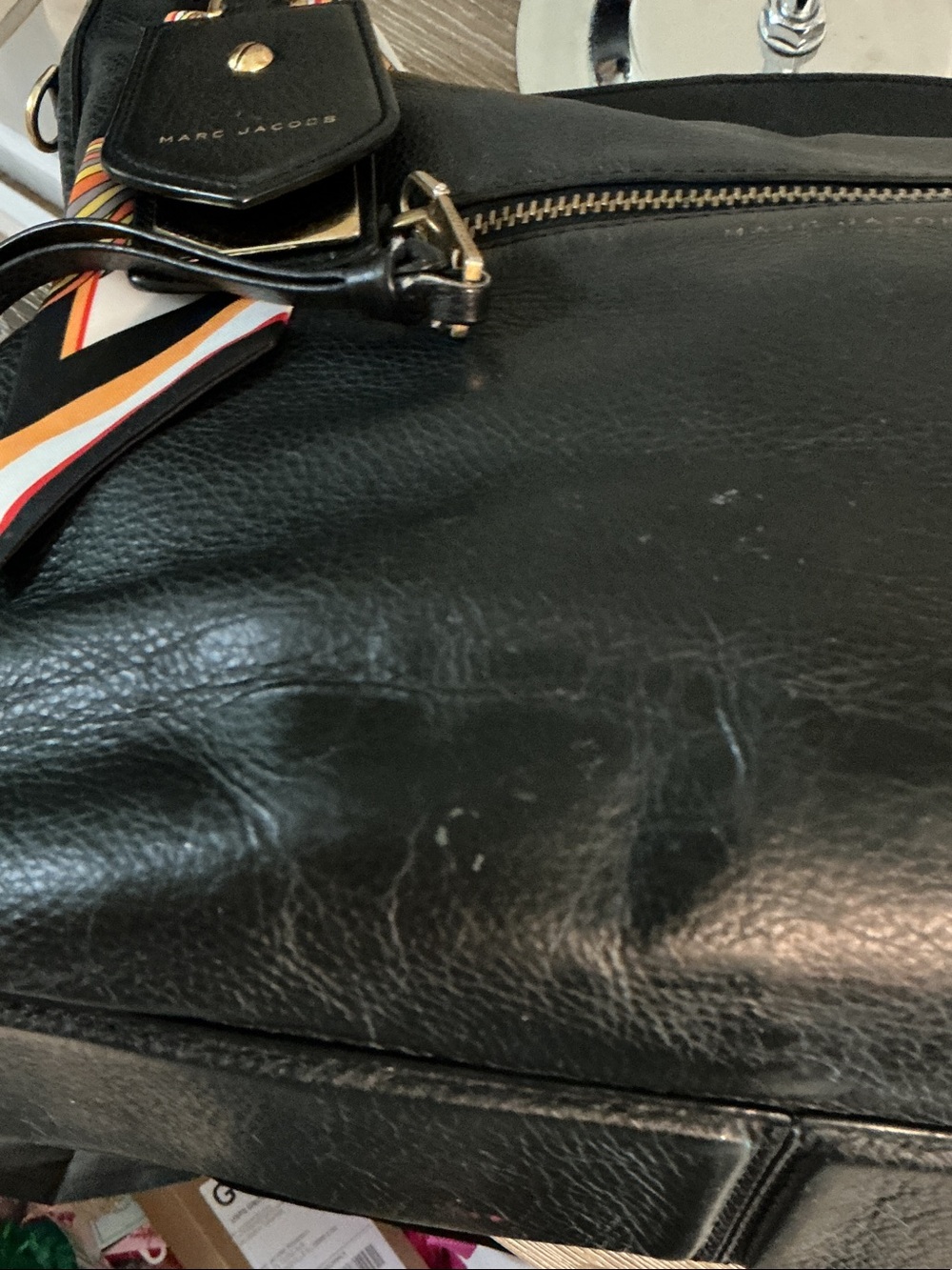 Marc Jacobs Recruit Black Pebble Leather Shoulder Bag Hangtag Multicolor Scarf - Picture 9 of 16